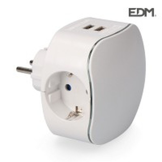 Adaptador Triple Schuko Con 2 Tomas Usb 2100mah Perfil Iluminado Retractilado Edm