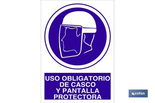 Uso Obligatorio De Casco Y Pantalla Protectora Señal Adhesiva