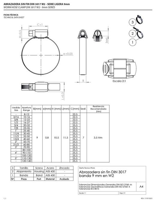 Abrazadera Sin Fin Serie Ligera 9mm W2 Cincada / Inoxidable