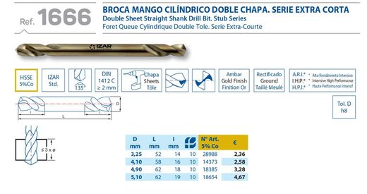Broca con Doble Punta de Corte Serie Extra Corta Hsse , Ref 1666