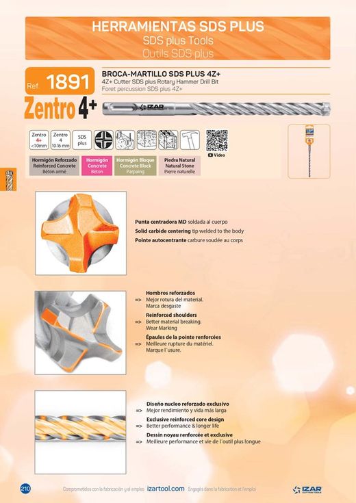 Broca para Hormigon de Martillo,anclaje Sds Plus, Zentro4 Plus, Referencia 1891