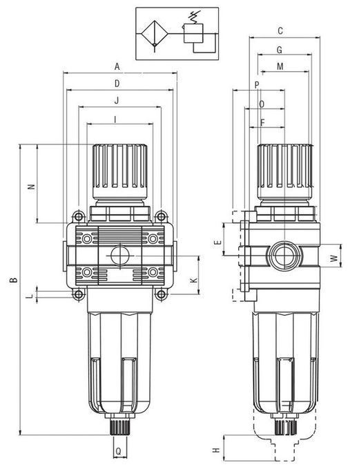 Filtro Regulador, Tamaño 1, Rosca 1/4 20 Micron S. 0-8 Bar