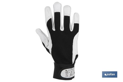 Guantes de vacuno con dorso de tela | Cierre de velcro | Muñequera elástica | Protección y seguridad | Comodidad y confort. Referencia 11000075