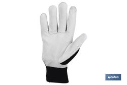 Guantes de vacuno con dorso de tela | Cierre de velcro | Muñequera elástica | Protección y seguridad | Comodidad y confort. Referencia 11000075