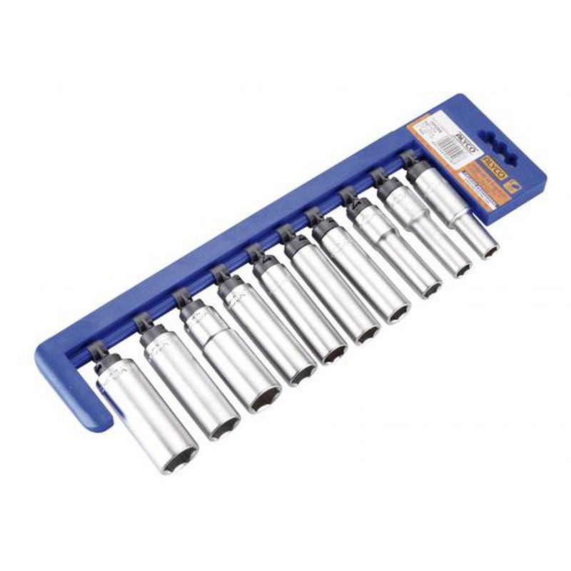 Juego de 10 llaves de vasos serie larga de boca bihexagonal para carracas de 1/2" Alyco, Referencia 190703