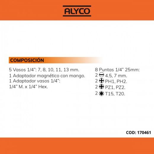 Juego 21 Piezas De Puntas, Vasos Y Adaptador Magnético Con Mango En Soporte Plástico ALYCO ORANGE, Referencia 170461