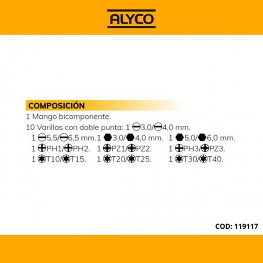 Juego De 20 Destornilladores Con Varilla Intercambiable Y Mango Bimaterial En Bolsa De Nylon ALYCO, Referencia 119117