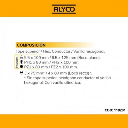 Juego de seis destornilladores pasantes con diferentes bocas y mango bimaterial Alyco, Referencia 119201