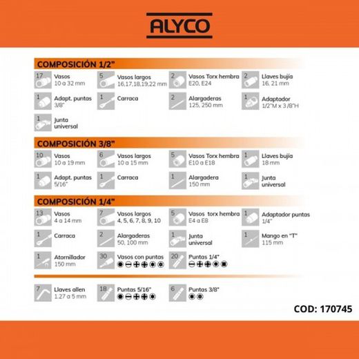 Juego De Llaves De Vaso De 1/2″ + 3/8″ + 1/4″ 171 Piezas ALYCO ORANGE, Referencia 170745