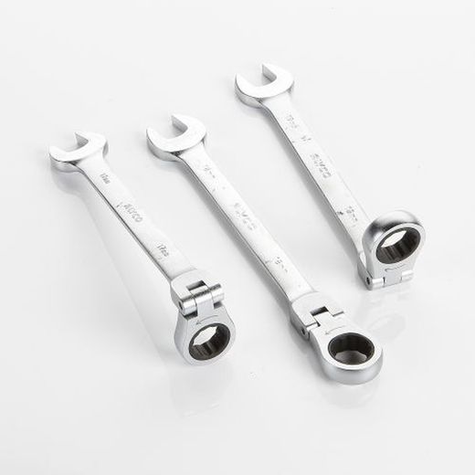 Juego de 12 llaves de apriete, llave de boca abierta y boca estrella de carraca reversible y articulada flexible, medidas de 8 a 19 mm, en soporte plástico Alyco, Referencia 191952