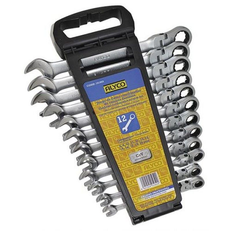 Juego de 12 llaves de apriete, llave de boca abierta y boca estrella de carraca reversible y articulada flexible, medidas de 8 a 19 mm, en soporte plástico Alyco, Referencia 191952