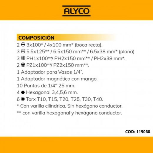 Juego De Destornilladores Con 22 Bocas Diferentes En Estuche De Nylon ALYCO, Referencia 119060