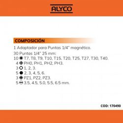 Juego De 30 Puntas De Atornillar De 1/4" Y Adaptador En Caja De Plástico ALYCO ORANGE, Referencia 170490