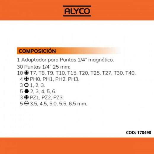 Juego De 30 Puntas De Atornillar De 1/4" Y Adaptador En Caja De Plástico ALYCO ORANGE, Referencia 170490