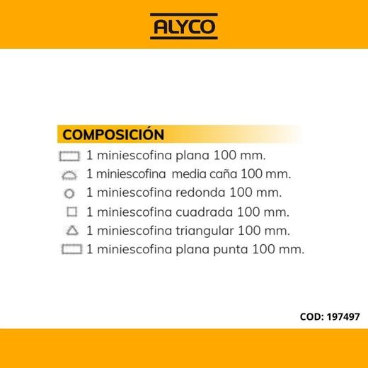 Juego 6 Escofinas De 100 Mm en caja de  Plástico. Alyco. Referencia 197497.