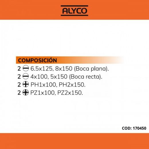 Juego De 8 Destornilladores Plano, Ph Y Pz En Caja Cartón ALYCO ORANGE, Referencia 170450