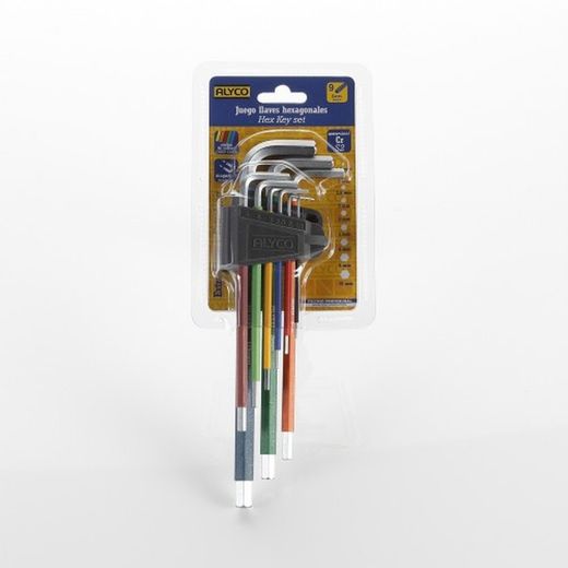 Juego De 9 Llaves Allen Serie Extralarga Con Soporte De Goma Llaves Multicolor ALYCO,Referencia 193144