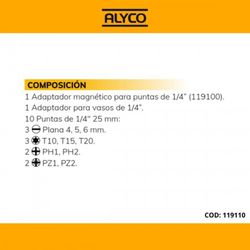 Juego De 11 Puntas Y Adaptador Magnético ALYCO, Referencia 119110