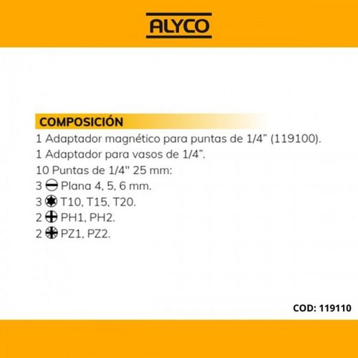 Juego De 11 Puntas Y Adaptador Magnético ALYCO, Referencia 119110