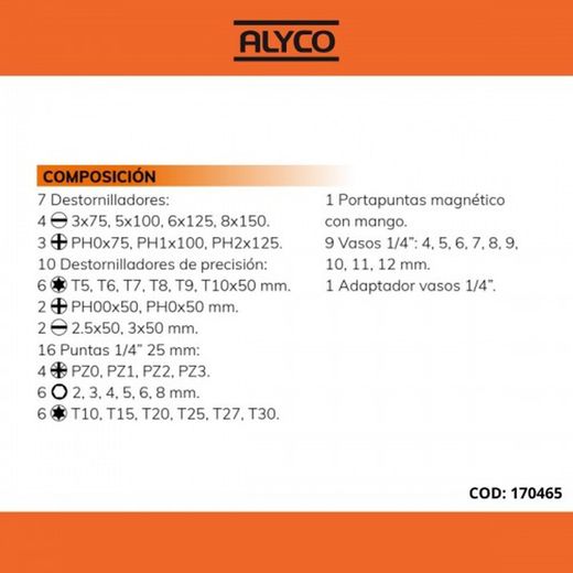 Juego Combinado De Destornilladores, Vasos Y Puntas 44 Piezas En Estuche Plástico ALYCO ORANGE, Referencia 170465