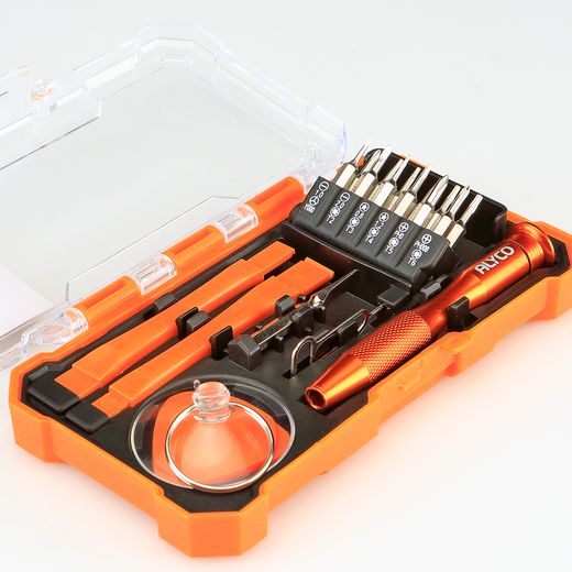 Juego de 19 piezas para reparación de aparatos electrónicos y móviles ALYCO ORANGE. Referencia 171239