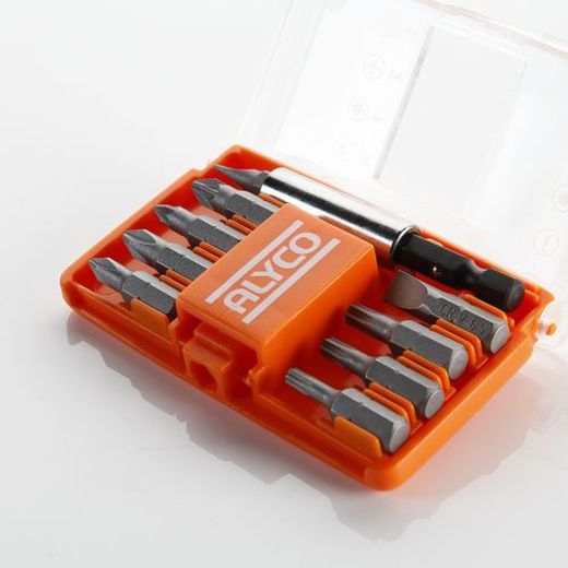 Juego De 9 Puntas De Atornillar De 1/4" Y Adaptador Magnético En Caja De Plástico ALYCO ORANGE, Referencia 170494