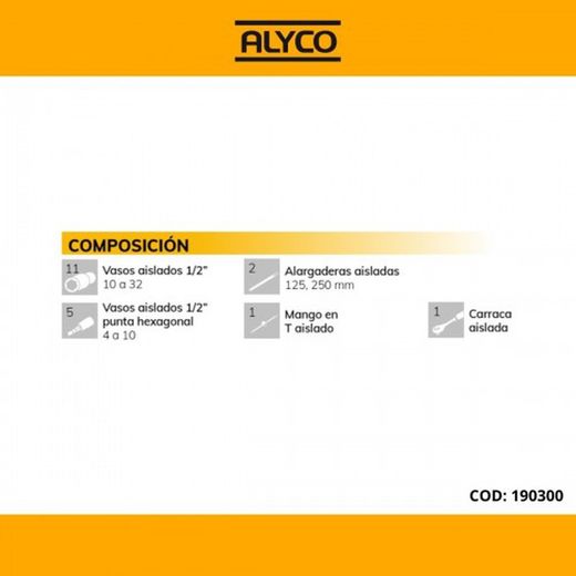 Juego De Vasos Y Accesorios Aislados VDE 20 Pzas De 1/2" ALYCO, Referencia 190300