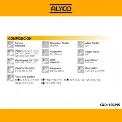 Juego de 56 piezas con llaves de vaso de 1/4'', carraca extensible de 72 dientes y diferentes accesorios Alyco, Referencia 190295