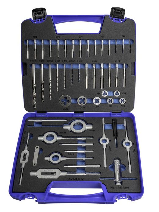 Juego de Machos y Cojinetes de Roscar a Mano, Rosca Metrica de M-3 a M-12, Referencia 3406