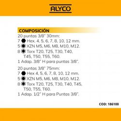 Juego de 40 puntas de 3/8” y dos adaptadores en caja metálica Alyco, Referencia 186100