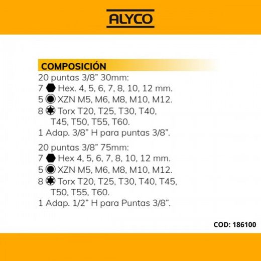 Juego de 40 puntas de 3/8” y dos adaptadores en caja metálica Alyco, Referencia 186100