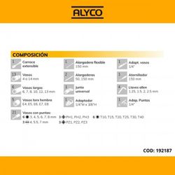 Juego de llaves de vaso de 1/4'', carraca extensible de 72 dientes y diferentes accesorios Alyco, Referencia 192187