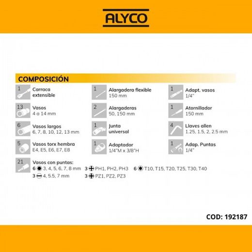 Juego de llaves de vaso de 1/4'', carraca extensible de 72 dientes y diferentes accesorios Alyco, Referencia 192187