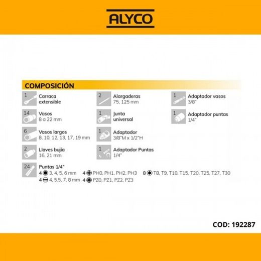 Juego de 54 piezas con llaves de vaso de 3/8'', carraca extensible de 72 dientes y diferentes accesorios Alyco, Referencia 192287