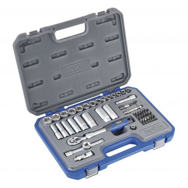 Juego de 54 piezas con llaves de vaso de 3/8'', carraca extensible de 72 dientes y diferentes accesorios Alyco, Referencia 192287