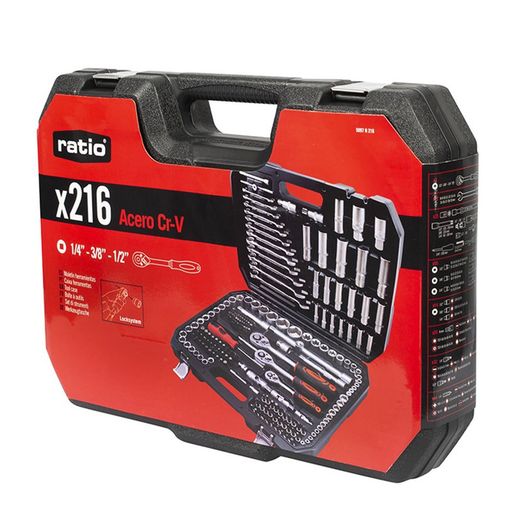 Maletín 216 herramientas RATIO acero CR-V Vasos sistema Locksystem. Ref. 5097H216