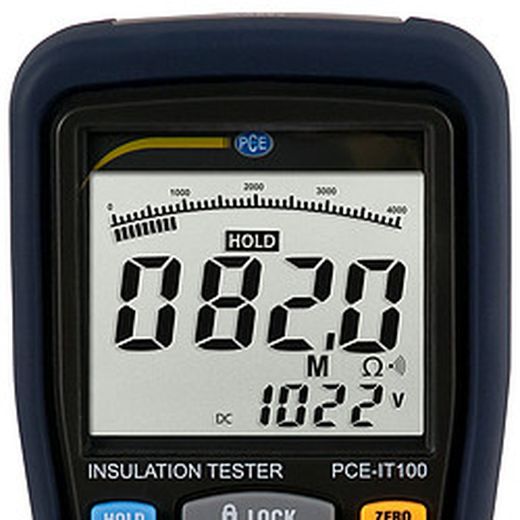 Medidor De Aislamiento Pce It100. Detecta Con Tensiones Auxiliares De 125 V, 250 V, 500 V Y 1000 V Resistencias De Aislamiento Hasta Máx. 4000 Mω. Este Medidor De Aislamiento Mide Además Bajas Resistencias Hasta 400 Ω
