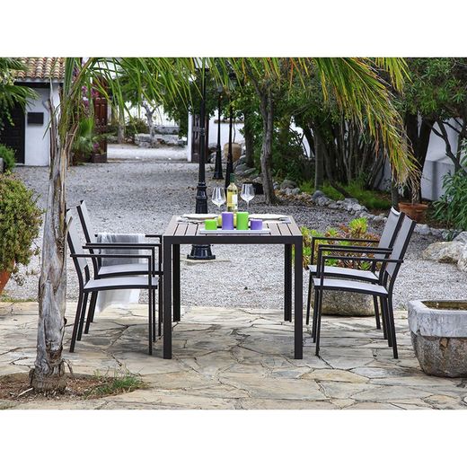Mesa jardín serie Orlando Superficie de aluminio imitación madera. Ref. 8704N196