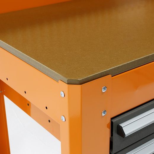 Mesa De Trabajo Metálica Con 3 Cajones, Panel Y Almacén Superior ALYCO ORANGE, Referencia 170798