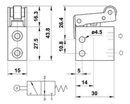 Microvalvula Tubo 4, 3/2 Rodillo Corto Monoestable Norm. Cerrada
