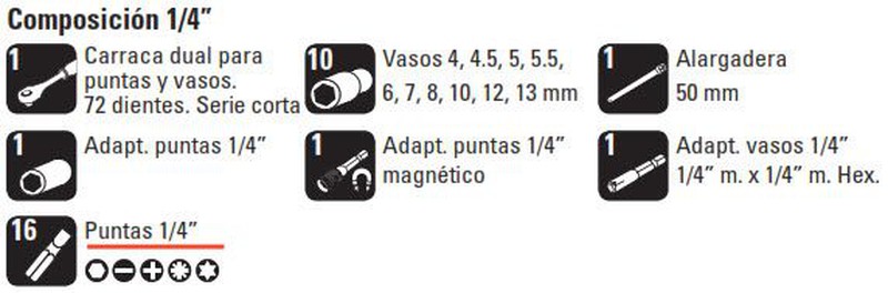 Juego 39 pzs: Puntas 1/4'' + Llaves de vaso + Mini carraca 1/4