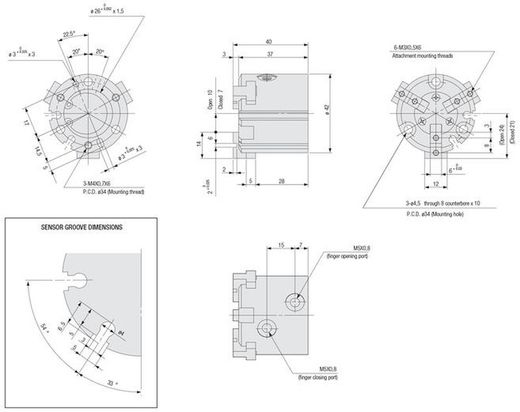 Pinza Neumatica Paralela De 3 Dedos De Diametro 25 a 63 Doble Efecto Magnetico Ref. Gr05f