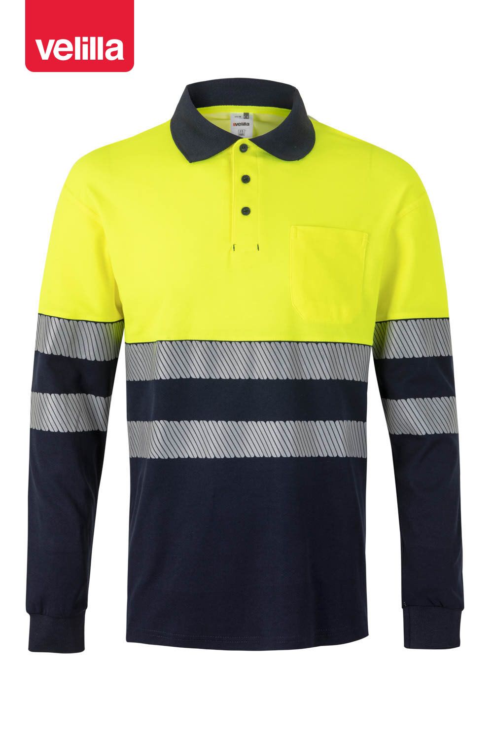Polo algodón bicolor manga larga cinta segmentada. Ref. 305545 3XL / Azul Navy/ Amarillo fluor