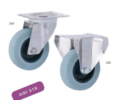 Rueda giratoria con platina y taladro liso inoxidable, Ref. 294/295/296. Serie Inox