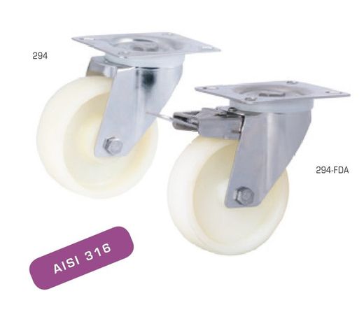 Rueda giratoria con platina y taladro liso inoxidable, Ref. 294/295/296. Serie Inox
