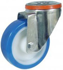 Rueda Giratoria, fija ó con taladro liso de poliuretano rojo ó azul y nylón . Ref.201/200-204
