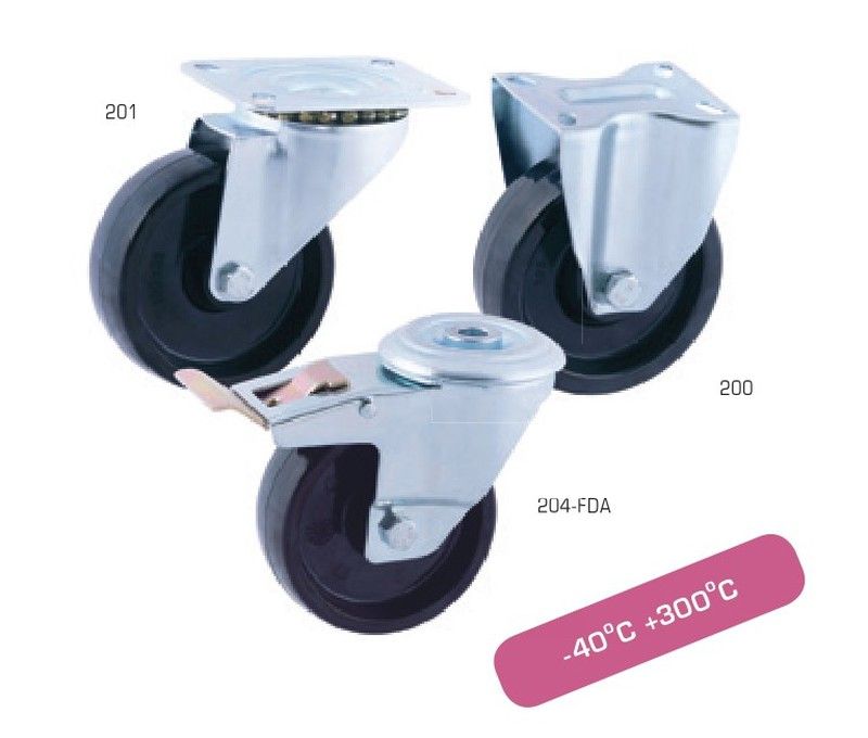 Rueda giratoria y fija para alta y baja temperatura. Ref. 200/201/204 AT/FV 100 mm / Con freno / Fibras especiales / Passador