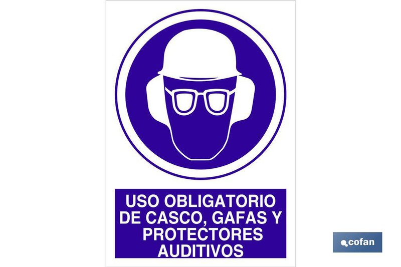 Señal: Uso obligatorio de casco, gafas y proteccion auditiva