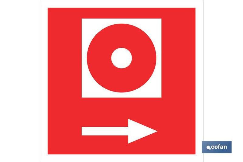 Señal Timbre de alarma luminiscente con flecha a la derecha en varias medidas de poliestireno, Referencia SO20LU