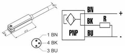 Sensor Magnetico Ef.Hall Pnp 10-30v Conect.M8 300 Milimetros, Referencia DSL4M8